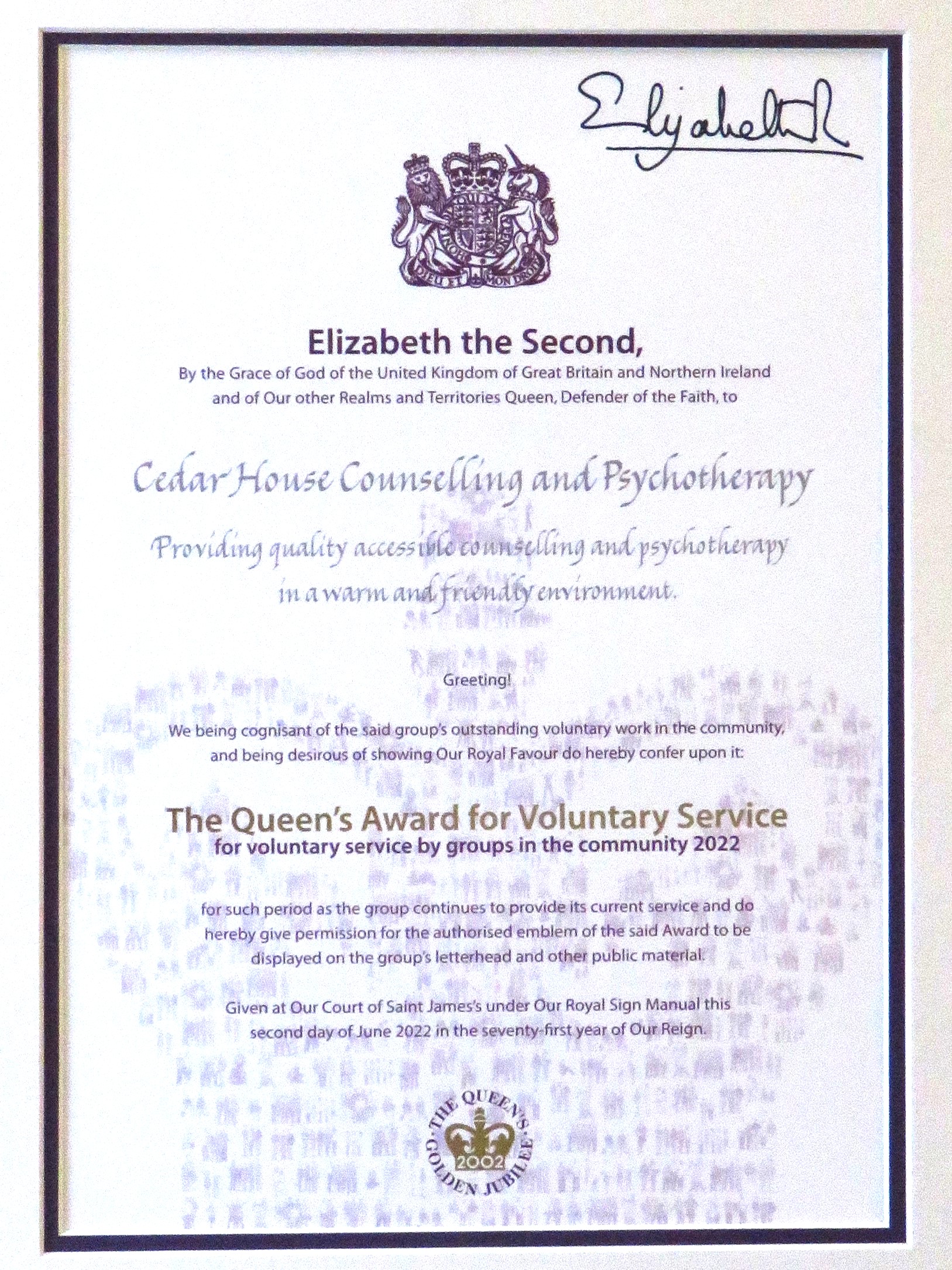 Certificate for Queen's Award for Voluntary Service